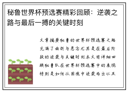 秘鲁世界杯预选赛精彩回顾：逆袭之路与最后一搏的关键时刻